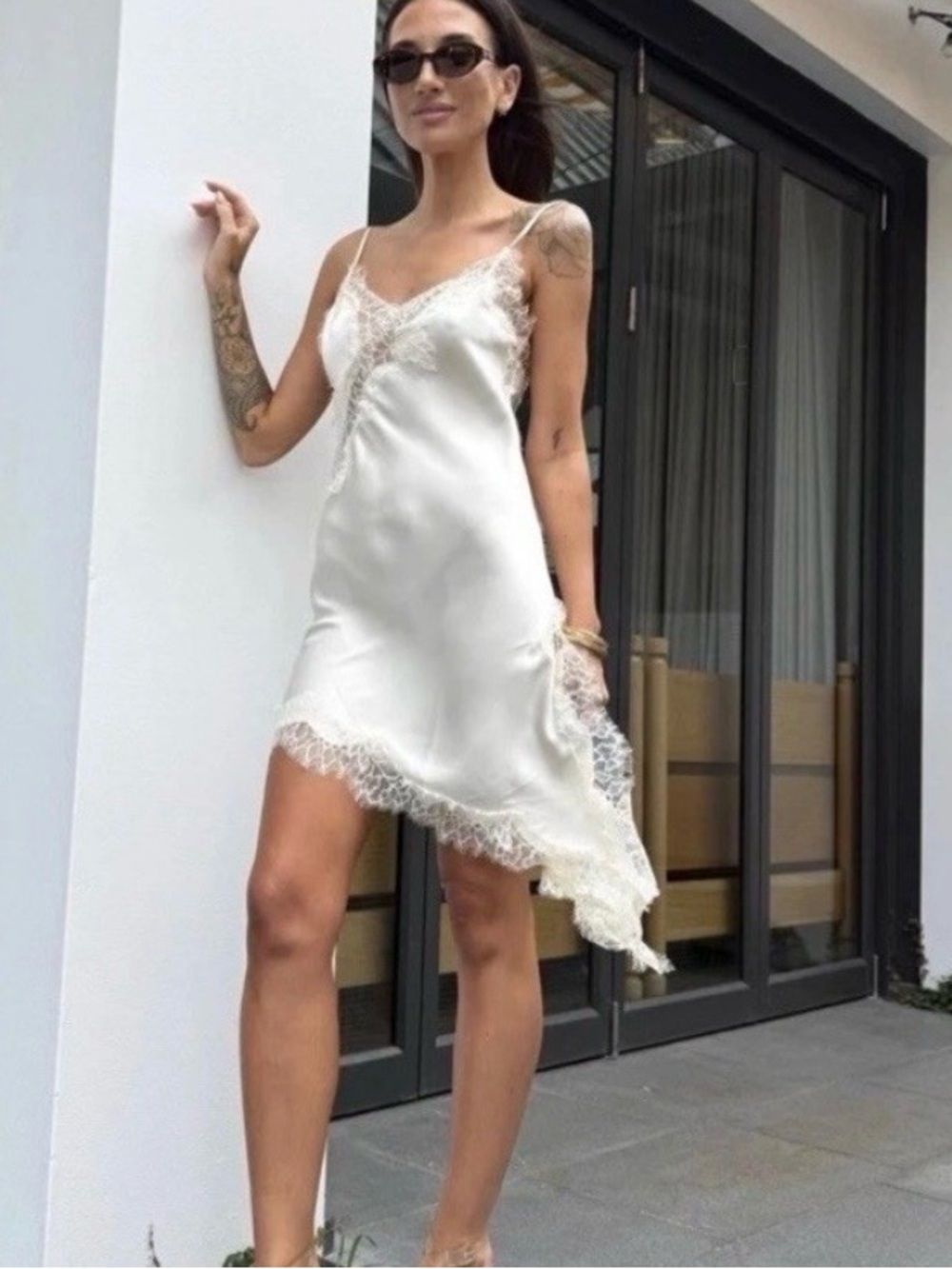 ZARA Slip Dress Women’s S Oyster White Satin Lace Asymmetric Side Slit VNeck NWT